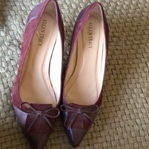 Burgundy pointed toe heels with suede trim